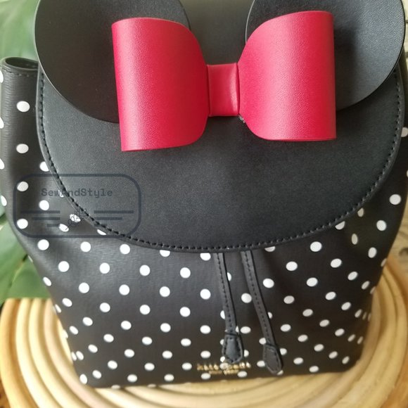 Kate Spade NWT Minnie Mouse Polka Dot Black Medium Backpack Refined Leather - Picture 7 of 10